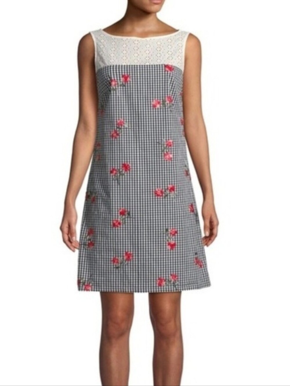 Karl Lagerfeld Paris Gingham Floral Print Eyelet Lace Embroidered Dress Size 12